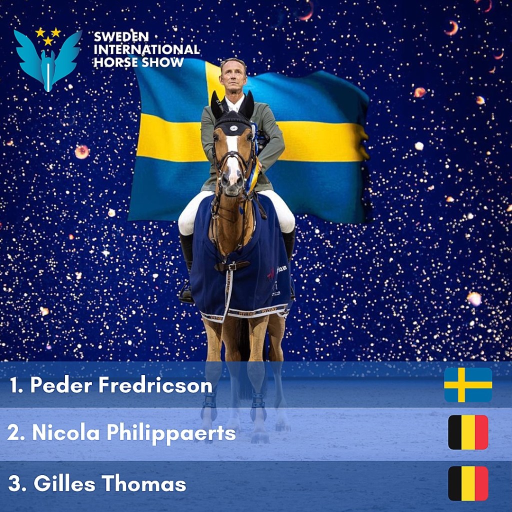 A rider atop a horse wearing a blue blanket, celebrating an equestrian victory at the Sweden International Horse Show, with a Swedish flag in the background showcasing the event's logo.